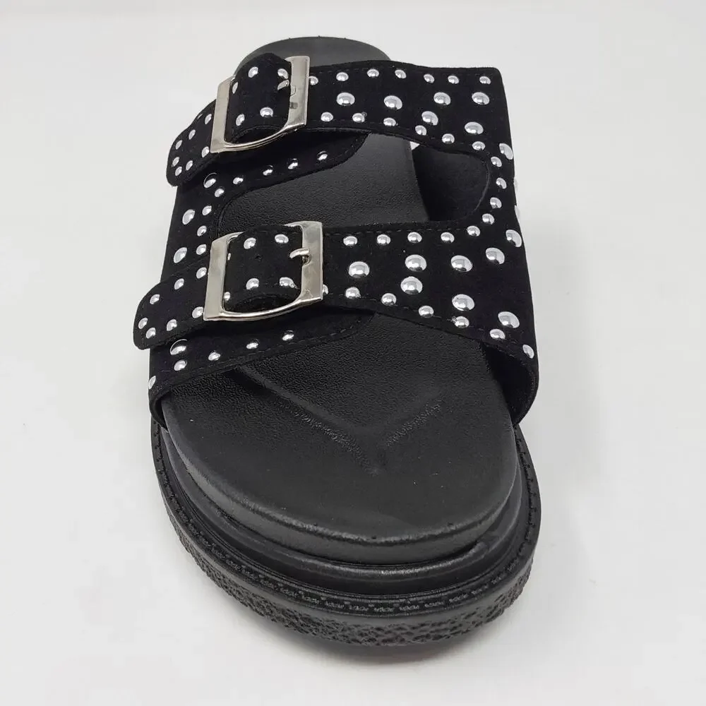 Women's Black Studded Double Buckle Platform Slide Sandals US 10.5 EU 41 New